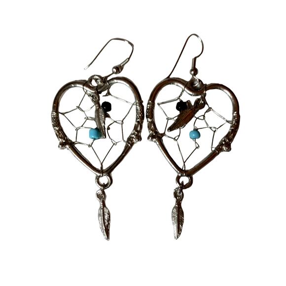 🌵 Vintage Dream Catcher Earrings Heart Turquoise Feather Drop Southwest Boho 3" - Picture 10 of 10